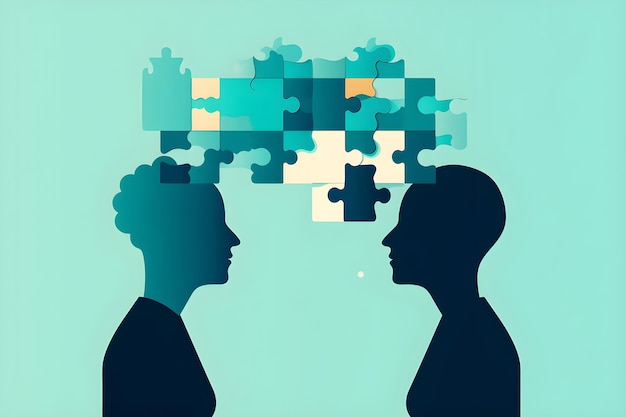 Photo a graphic of two people facing each other with puzzle pieces in the middle