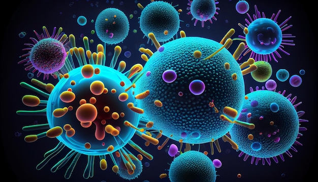 A graphic of a virus and a blue background