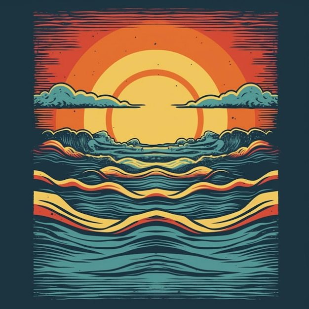 A graphic of a wave and the sun in the sky.