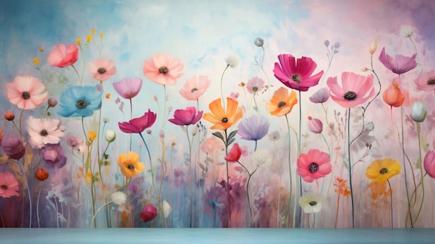 Graphic wildflowers painted on colorful wallFloral