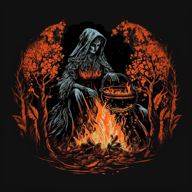 A graphic of a witch cooking a cauldron with a fire in the background.