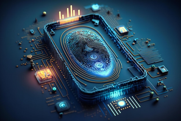 A graphical representation of biometric data including fingerprints facial recognition and iris scans