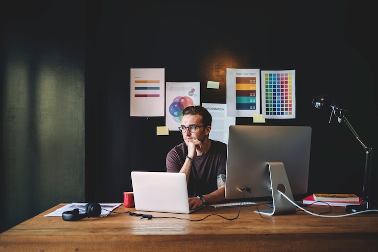Photo graphics designer editor workplace concept