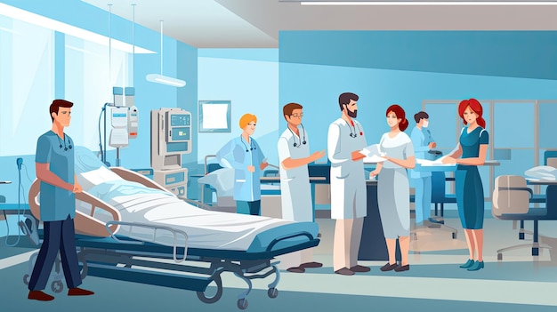 Графика медицинской команды в больнице выглядит очень счастливо от первого лица фантастический реализм яркое освещение
