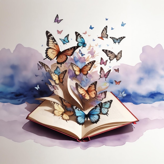 graphics open book with butterflies flying out of it