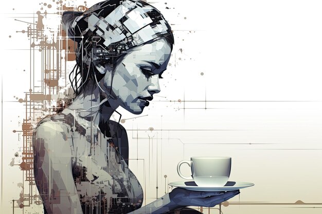 Graphics of robot woman holding a cup of coffee