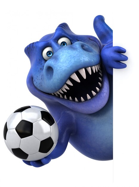 Grappig 3d paars dinosauruskarakter dat een voetbalbal houdt