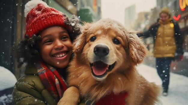 Foto grappig afro-amerikaans kind met een golden retriever hond die plezier heeft buiten tijdens de kerstvakantie