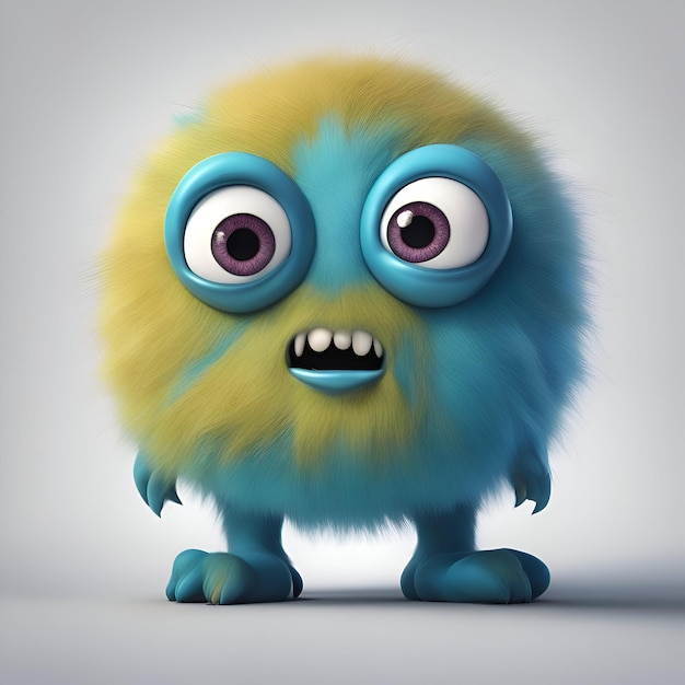 Grappig blauw harig monster met grote ogen 3D rendering