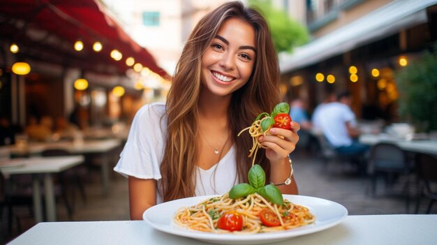 Foto grappig blond meisje in een spijkerbroekjas die pizza eet in een restaurant.