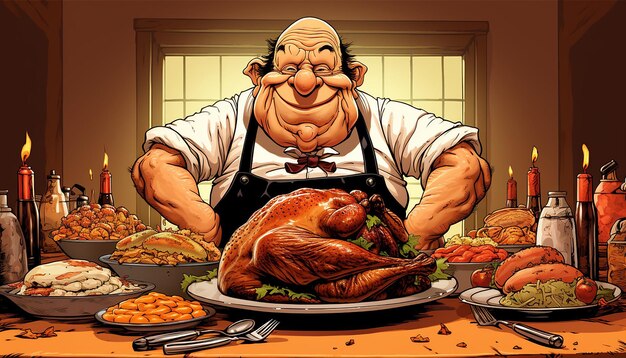 grappig cartoon kalkoen Thanksgiving diner