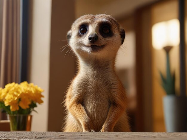 Grappig dier Meerkat Suricata suricatta op de receptie van het hotel