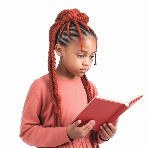 Grappig donker huidig klein meisje met rode pigtails leest zorgvuldig een boek school opdracht leren