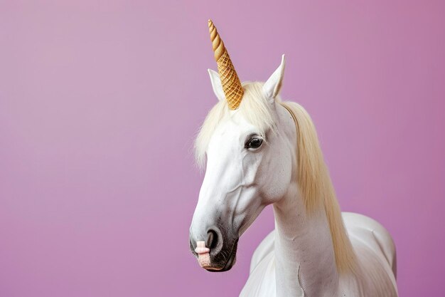 Foto grappig eenhoorn wannabe wit paard met een ijsje in plaats van een hoorn en aardbeien ijsje op het gezicht pastel achtergrond