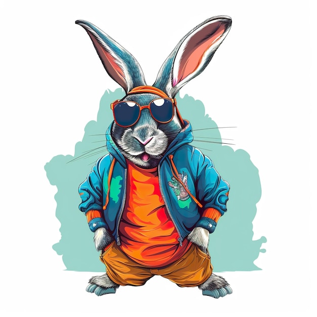 Grappig funky konijn in kleurrijk jasje clipart op witte achtergrond