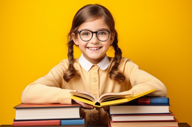 Grappig glimlachend kind schoolmeisje met bril houdt boeken gele achtergrond Terug naar school