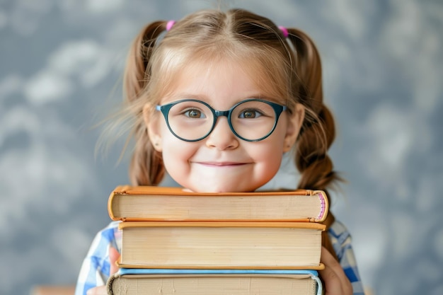 Grappig glimlachend kind schoolmeisje met een bril die boeken vasthoudt Generatieve AI