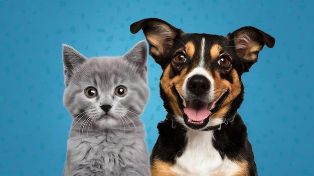 Grappig grijs kitten en glimlachende hond met mooie grote ogen op trendy blauw papier