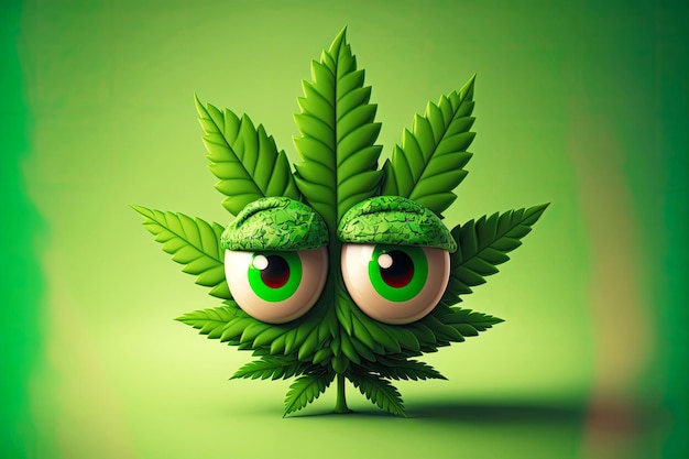 Grappig groen cannabisblad stripfiguur met ogen en mond