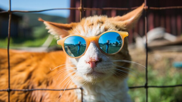 Foto grappig koe portret in zonnebril lange haar kat ai generatieve