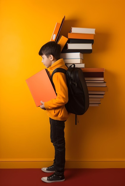 grappig lachend Zwart kind schoolmeisje met bril houdt boeken op haar hoofd Gele achtergrond