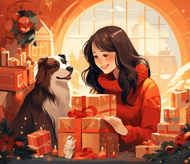 Foto grappig meisje met labrador hond en kerstboom handgetekende kerstillustratie hoogwaardige foto