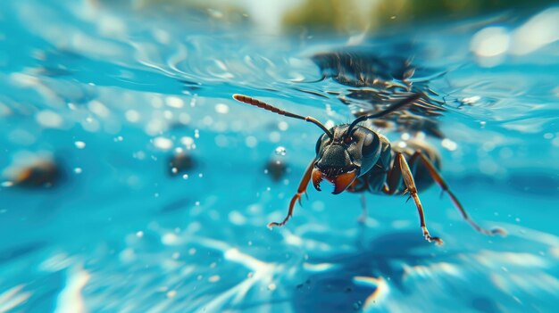 Grappig moment gevangen mier in zwembad doet diepe duik