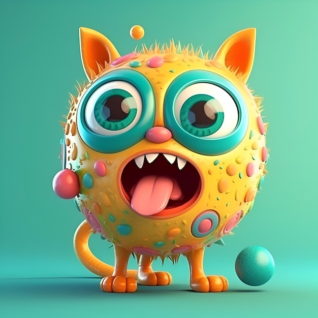 Grappig monster met grote ogen op groene achtergrond 3D-illustratie