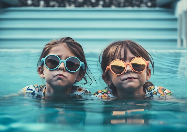 Foto grappig opgewonden kind geniet van de zomervakantie in het waterpark en rijdt met een vlotter lachend