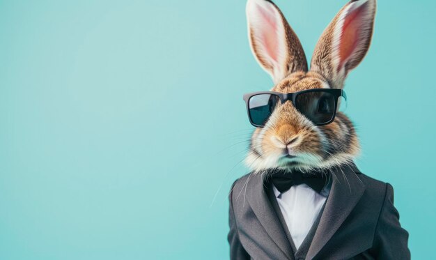 Foto grappig paasconcept vakantie dierviering groetekaartje koele paaskonijn konijn met pak zonnebril en vlinderdas geïsoleerd op blauwe achtergrond
