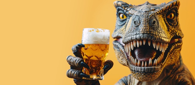 Grappig portret van een brutale dinosaurus met een glas bier op gele achtergrond Closeup