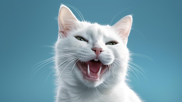 Grappig portret van een gelukkige witte kat met open mond op een geïsoleerde blauwe achtergrond