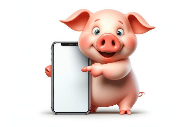 grappig varken dat op een smartphone wijst met een wit scherm op een witte achtergrond
