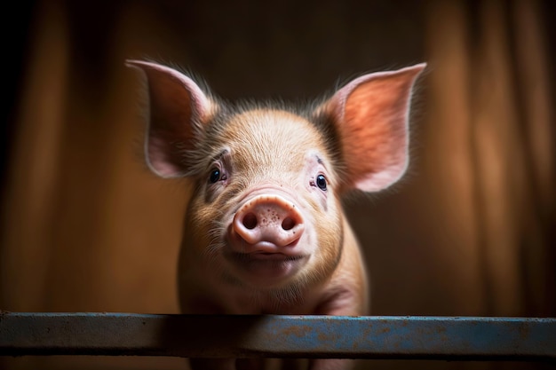 Grappig varkentje staat achter het hek op de varkensboerderij