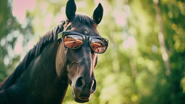 grappig zwart paard portret in zonnebril veulen met zonnbril paard in een lente AI Generative