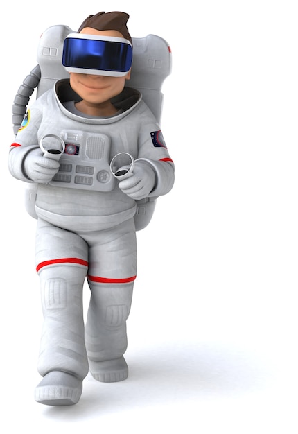 Grappige 3D-afbeelding van een astronaut met een VR-helm