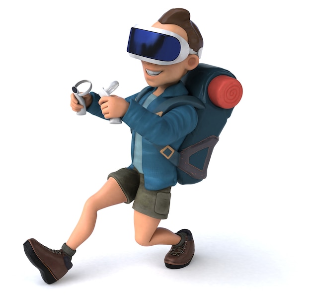 Grappige 3D-afbeelding van een backpacker met een VR-helm