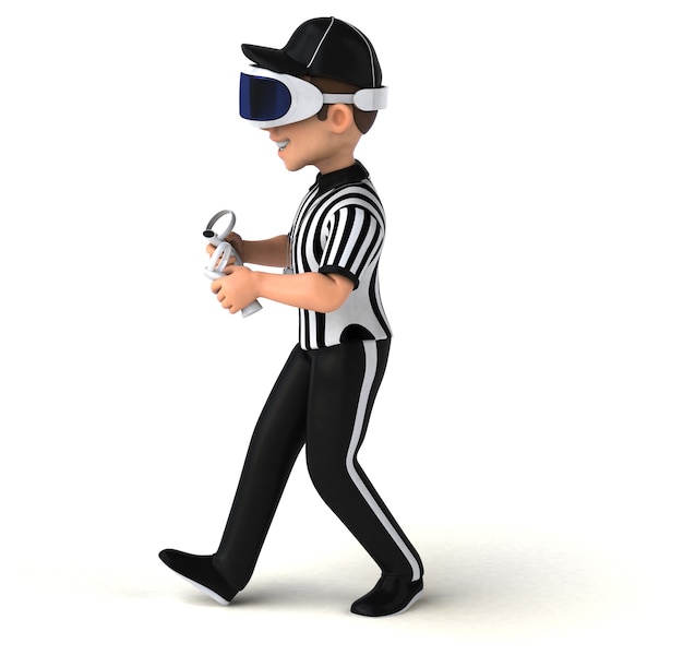Grappige 3D-afbeelding van een scheidsrechter met een VR-helm