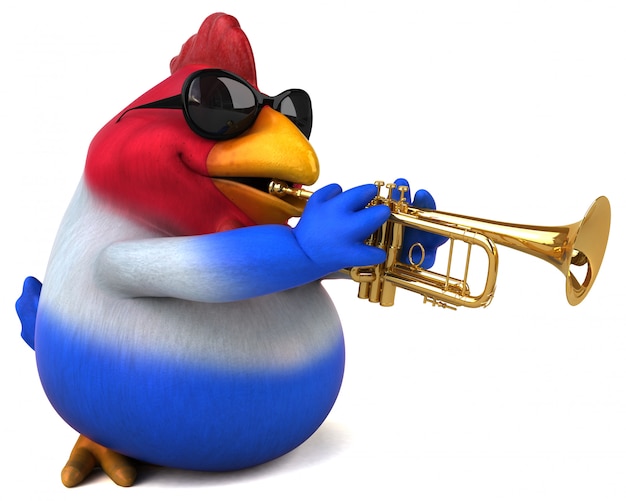 Grappige 3d kip die de trompet speelt