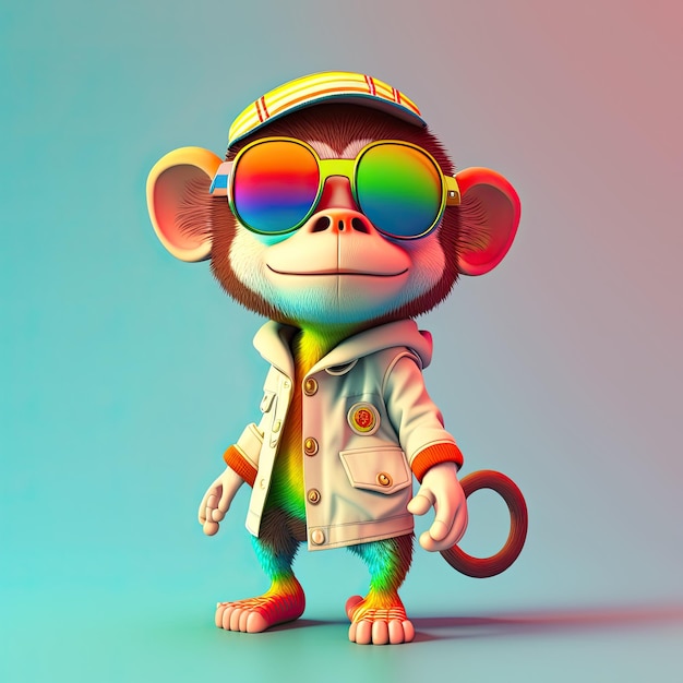 Grappige aap die een zonnebril draagt op een kleurrijke achtergrond Generatieve AI