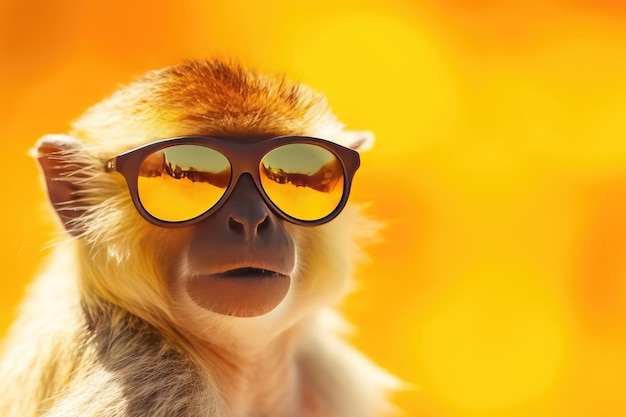 Grappige aap met zonnebril op gele achtergrond Zonnige dag Zomerconcept AI generatief