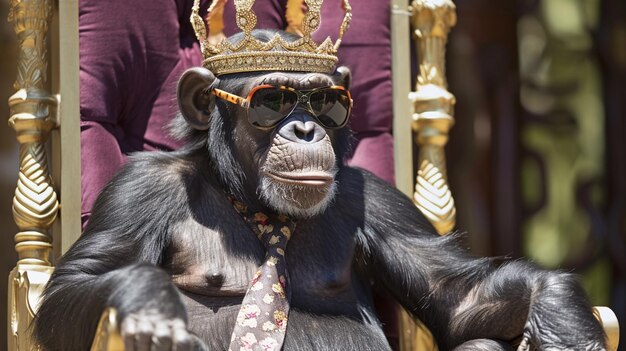 Grappige aapkroon Chimpansee met stropdas met kroon en zonnebril zittend op troon AI Generatief