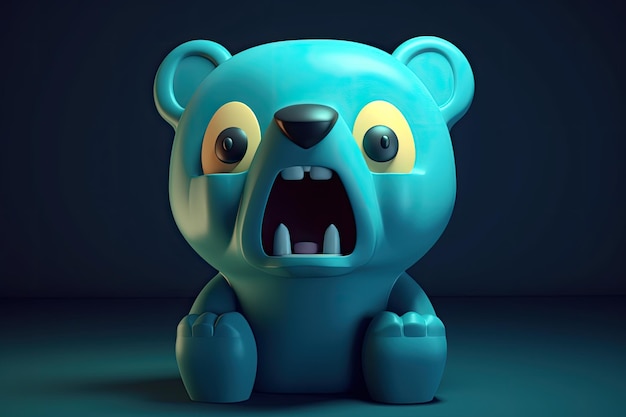 Grappige afbeelding van een 3D-tekenfilmbeer in blauwe en gele kleuren met een blauwe achtergrond Generatieve AI