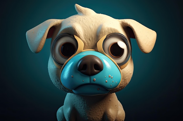 Grappige afbeelding van een 3D-tekenfilmhond in blauwe en gele kleuren met een blauwe achtergrond Generatieve AI