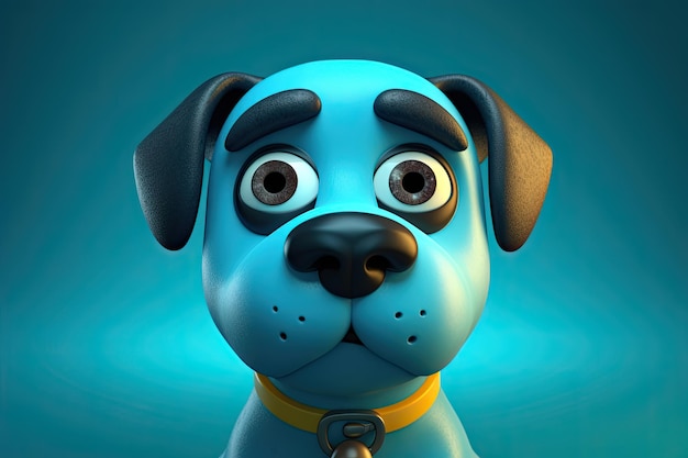 Grappige afbeelding van een 3D-tekenfilmhond in blauwe en gele kleuren met een blauwe achtergrond Generatieve AI