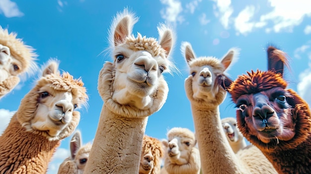 Foto grappige alpaca's samen op de achtergrond van de blauwe hemel generatieve ai