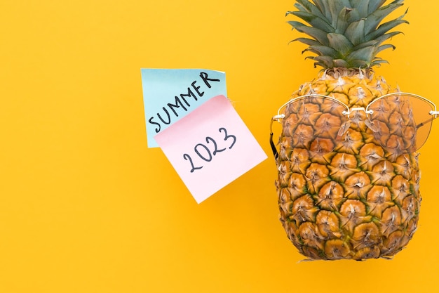 Grappige ananas met zonnebril en woord zomer 2023 op gele achtergrond