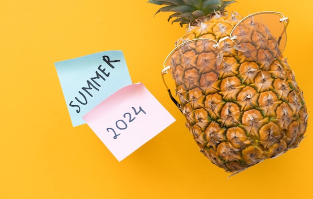 Grappige ananas met zonnebril en woord zomer 2024 op gele achtergrond