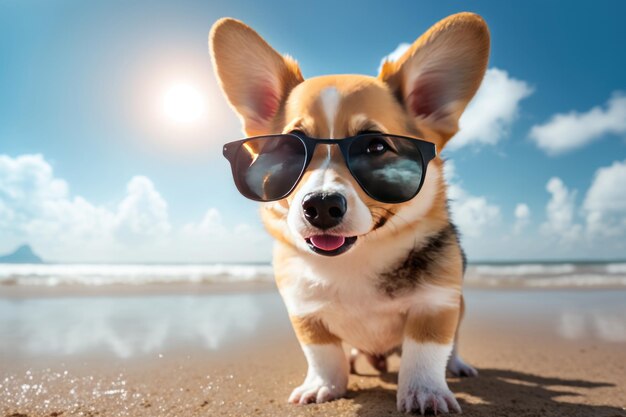 Grappige babyhond die koele zonnebril draagt die op het strand rust Generatieve AI