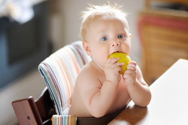 Grappige babyjongen die gezond voedsel eet (appel)